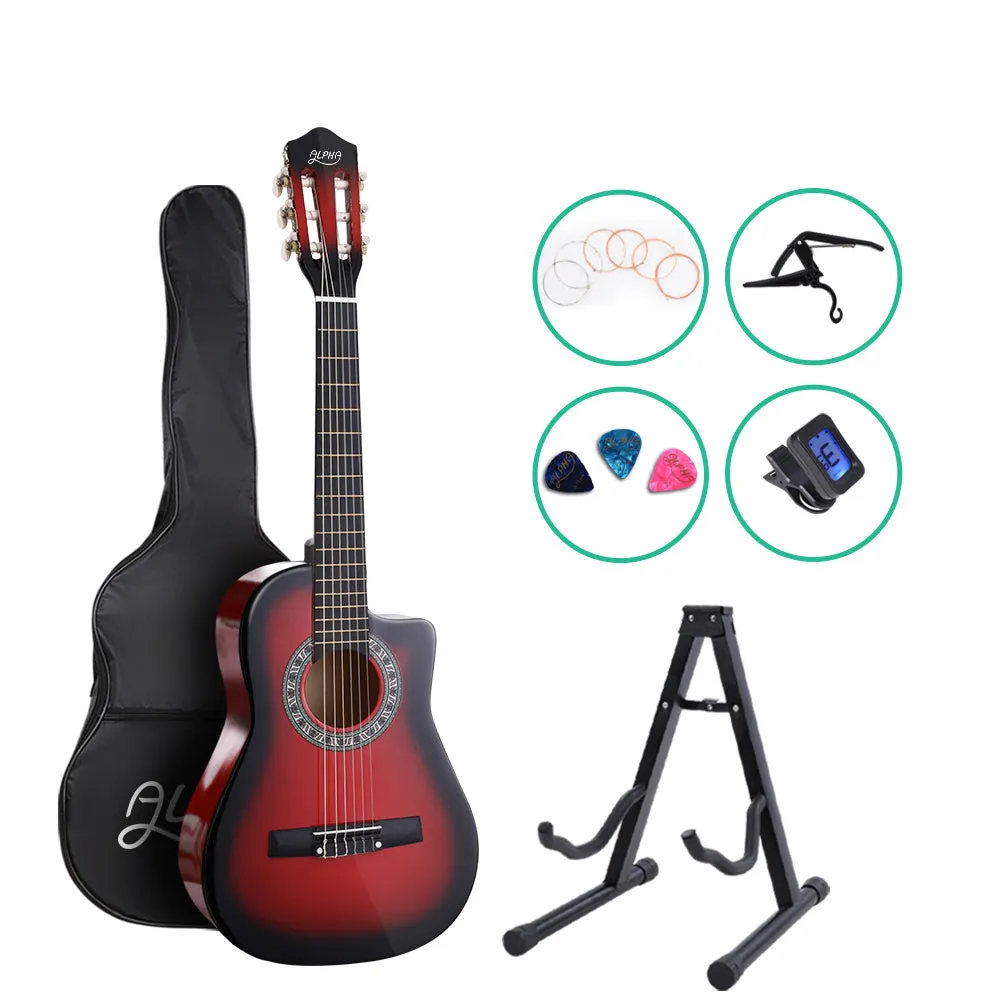34-Inch Red Classical Guitar Nylon String Set w/ Stand - Alpha