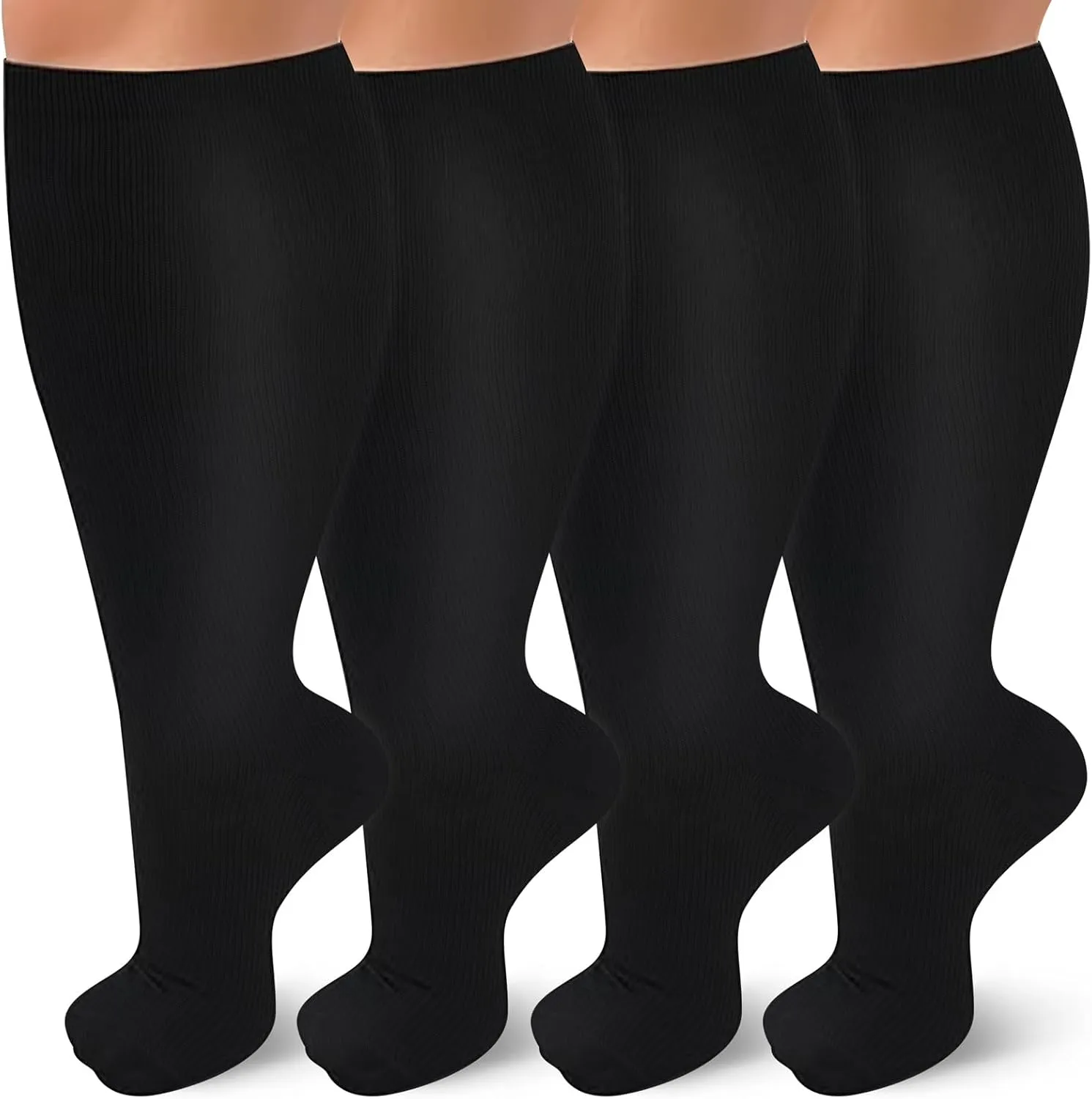 4 Pairs Plus Size Compression Socks for Women and Men 20-30 mmHg Wide Calf Extra Large for Circulation Support