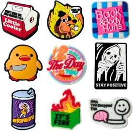 9PC Funny Shoe Charms Fun Cute Cool Meme Shoes Sarcastic Anime Cartoon Humor Charm for Adults Men Women Girls Boys Teen Dumpster Fire This is Fine Dog Duck Little Cooler Skeleton Accessories Gifts