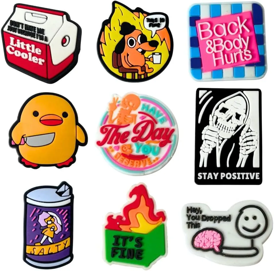 9PC Funny Shoe Charms Fun Cute Cool Meme Shoes Sarcastic Anime Cartoon Humor Charm for Adults Men Women Girls Boys Teen Dumpster Fire This is Fine Dog Duck Little Cooler Skeleton Accessories Gifts