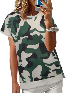 ECOWISH Women Side Split Sweatshirt: Fall Crewneck Long Sleeve Oversized Camo Shirts Casual Camouflage Print Pullover Tops
