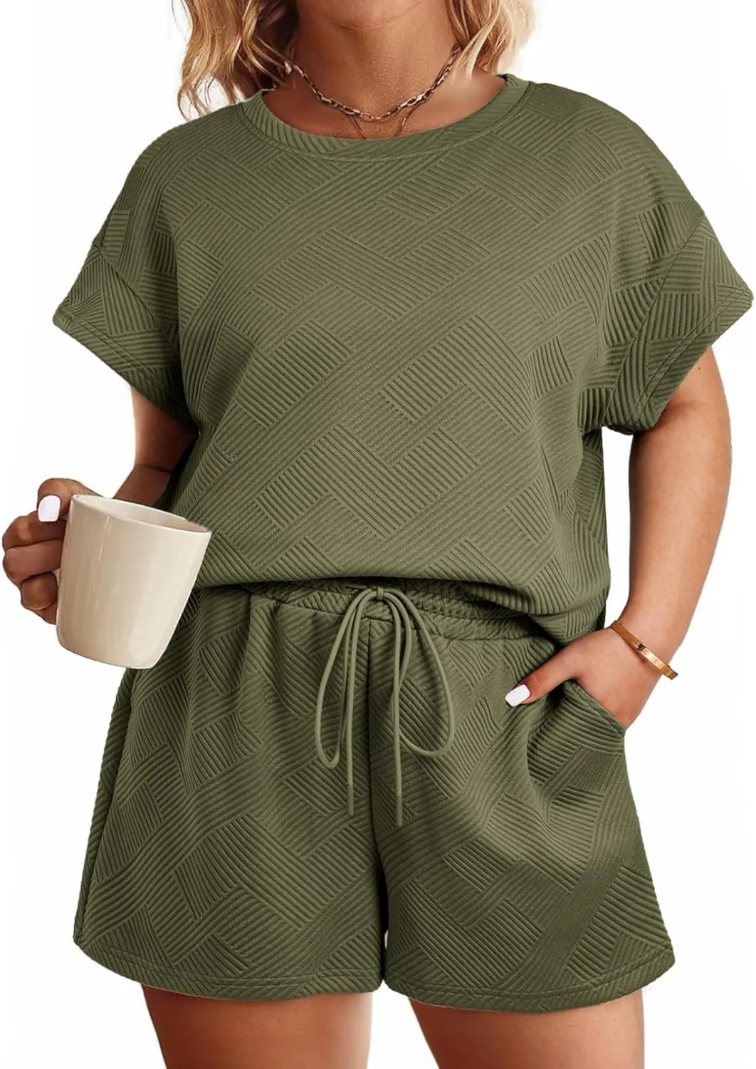 Eytino Women Plus Size 2 Piece Outfits Sweatsuit Short Sleeve Pullover Tops and Drawstring Shorts Pants(1X-5X)