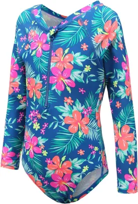 Girls Long Sleeve Rash Guard One Piece Swimsuit Kids UPF 50  Sun Protection Swimwear Rainbow Striped Bathing Suit 3-14 Years