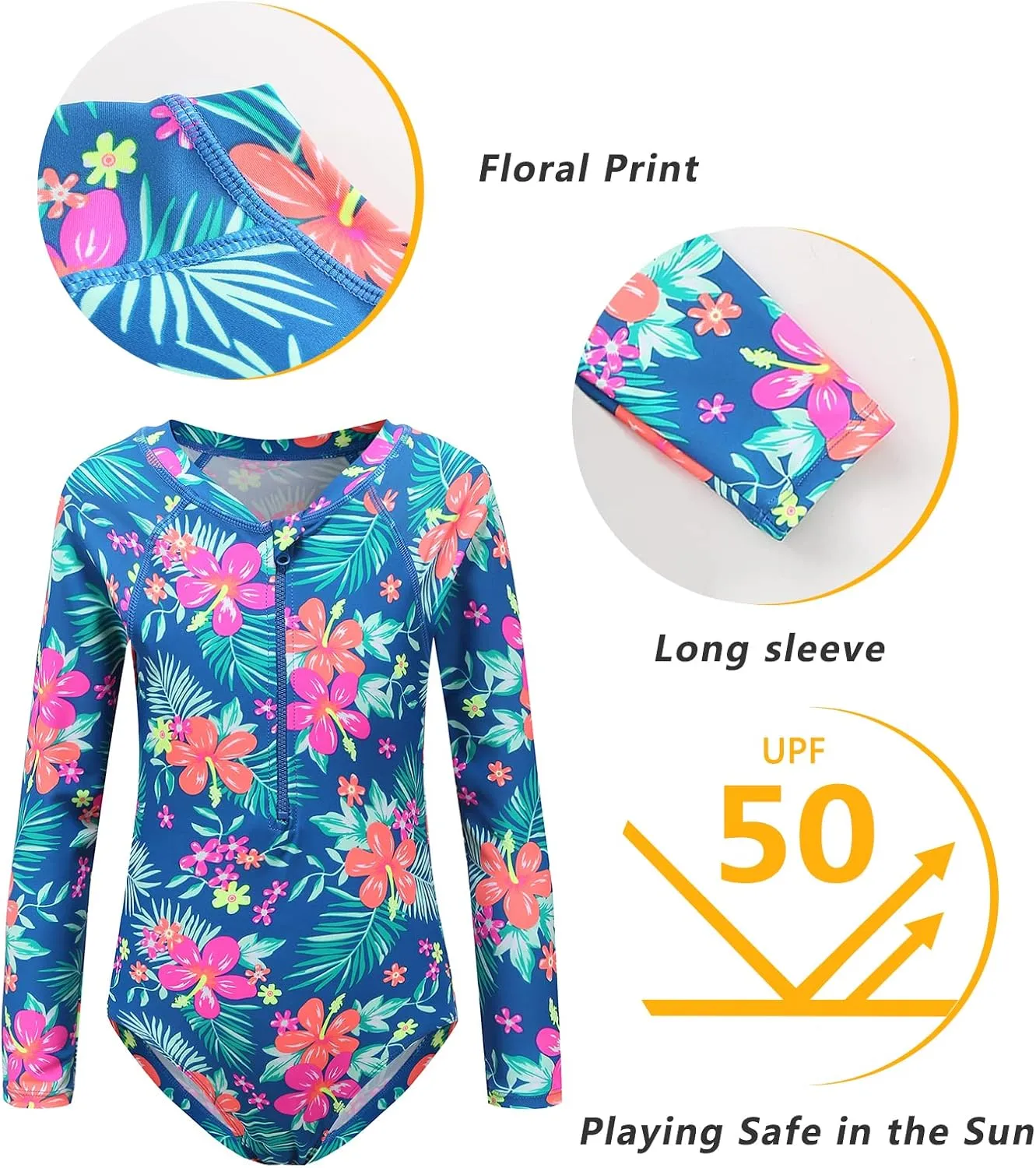 Girls Long Sleeve Rash Guard One Piece Swimsuit Kids UPF 50  Sun Protection Swimwear Rainbow Striped Bathing Suit 3-14 Years