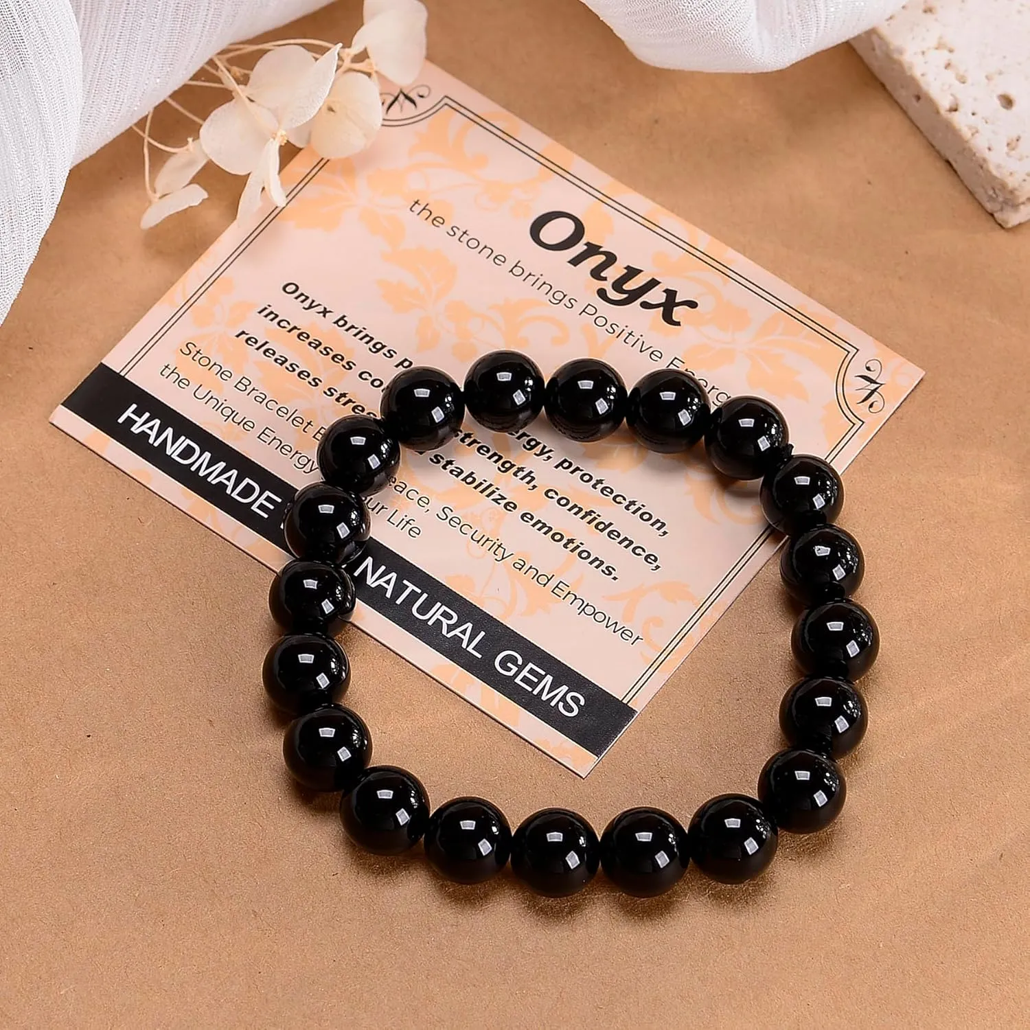 Massive Beads Black Onyx - Stone of Positive Energy - Handmade Yoga Stretch Elastic Bracelet Natural Stone Crystal Healing Power Energy Gifts for Unisex Adult 10mm