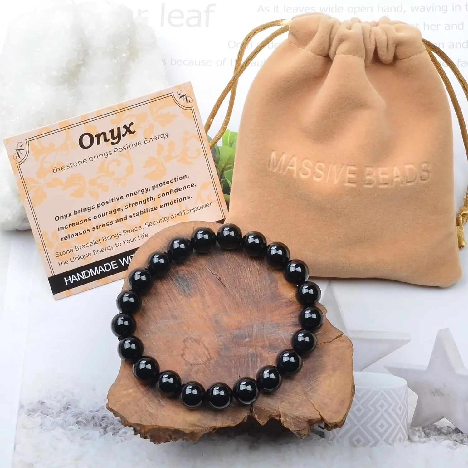 Massive Beads Black Onyx - Stone of Positive Energy - Handmade Yoga Stretch Elastic Bracelet Natural Stone Crystal Healing Power Energy Gifts for Unisex Adult 10mm