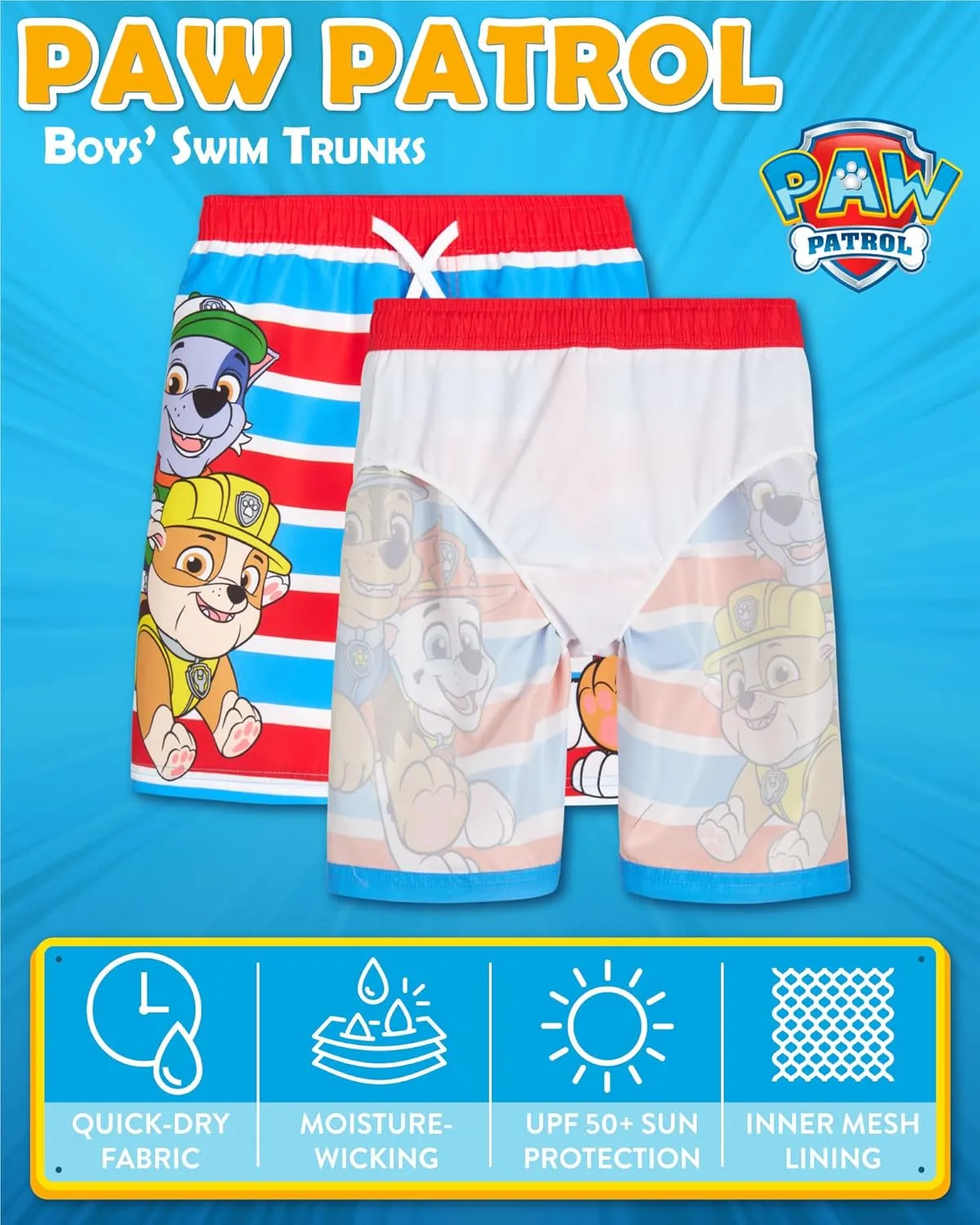 Nickelodeon Boys Swim Trunks - Paw Patrol Chase Marshall Rubble TMNT UPF 50  Boys Swim Shorts for Toddler and Little Boy