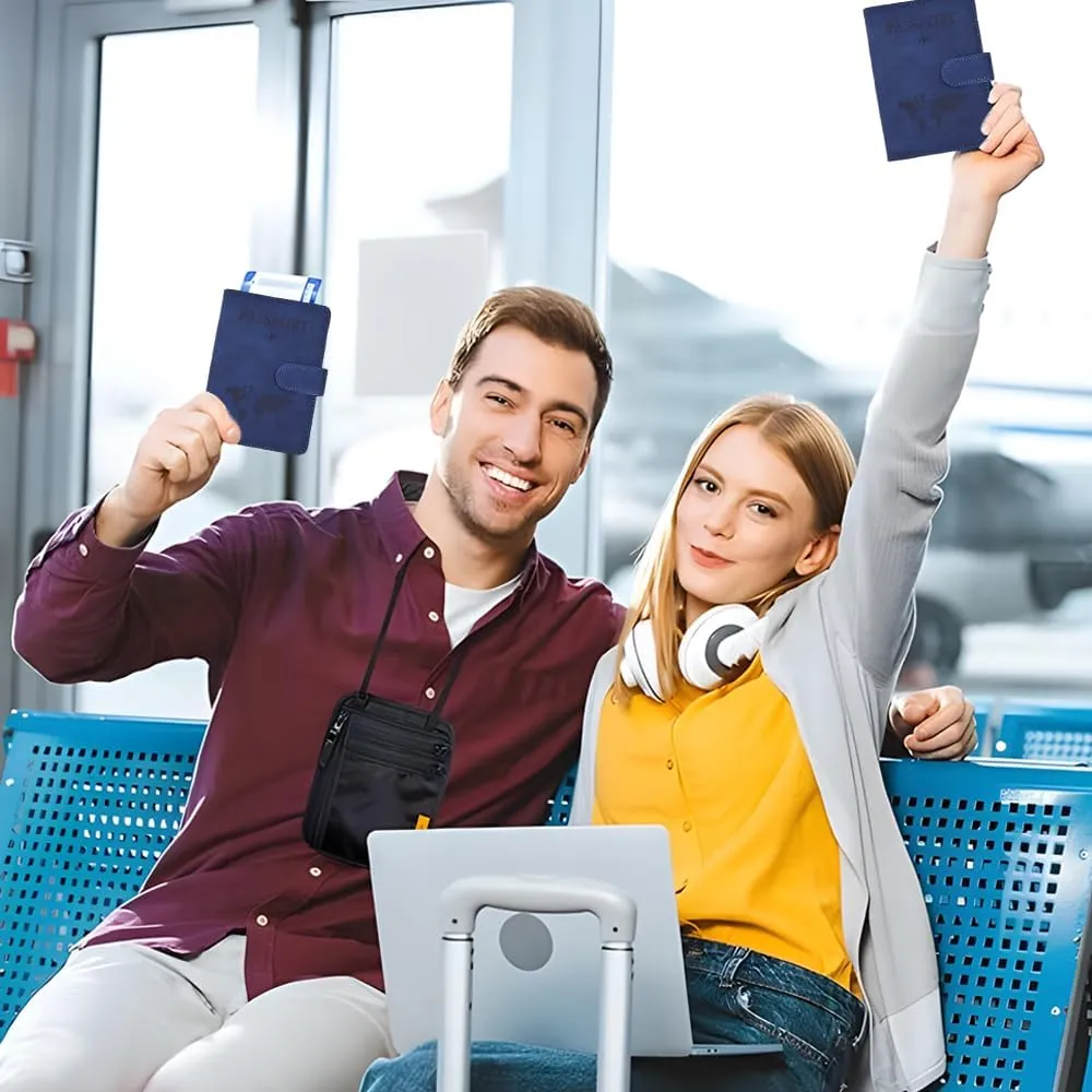 PU Leather Passport Book Travel Wallet - Blue RFID Passport Cover Case with Card Holder - Travel Must Haves Accessories for Women and Men