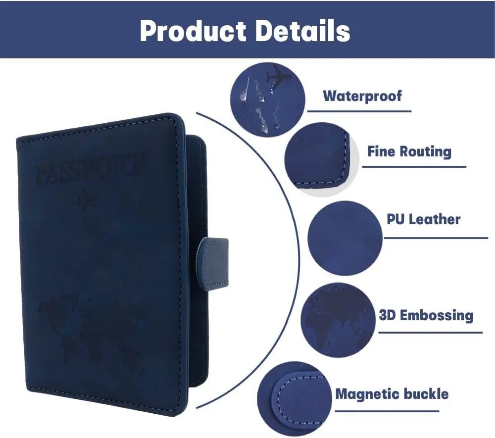 PU Leather Passport Book Travel Wallet - Blue RFID Passport Cover Case with Card Holder - Travel Must Haves Accessories for Women and Men
