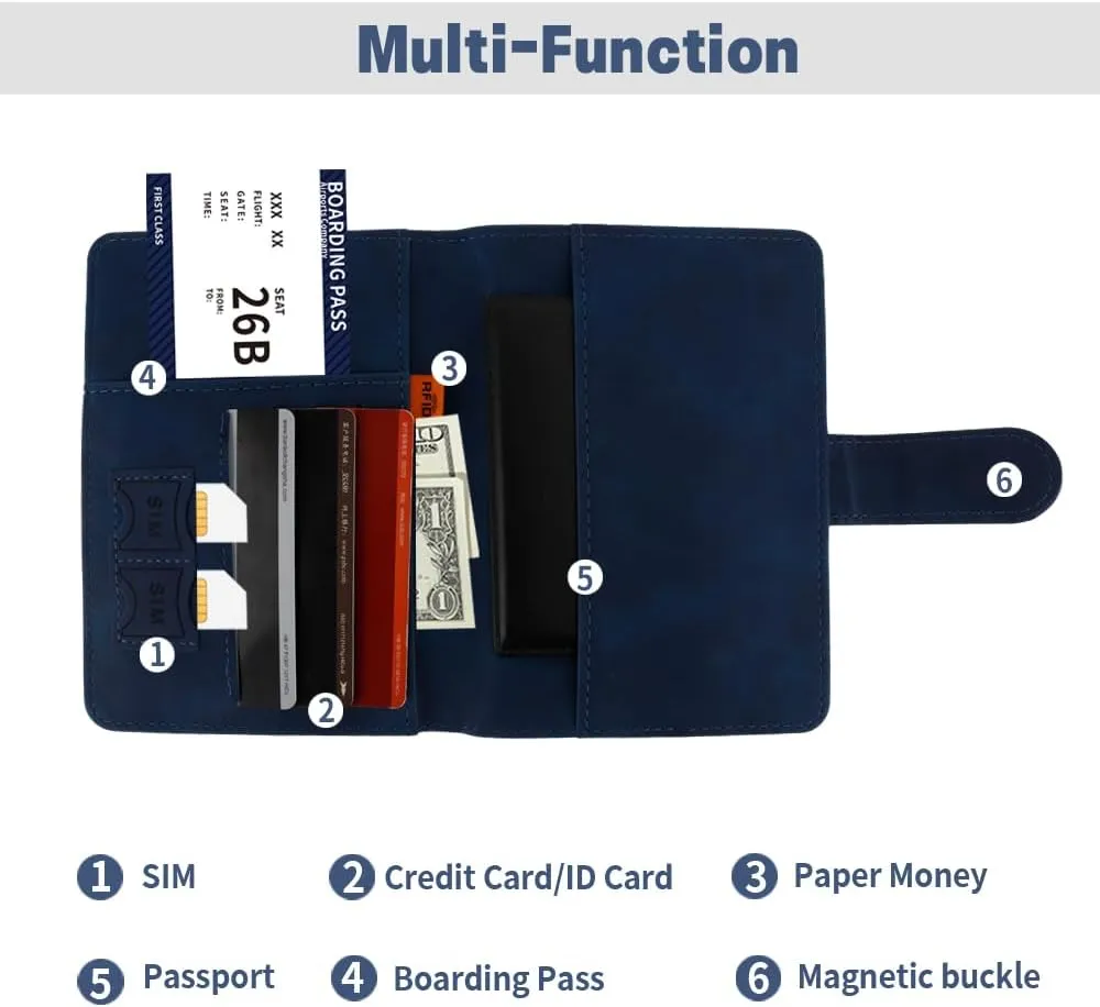 PU Leather Passport Book Travel Wallet - Blue RFID Passport Cover Case with Card Holder - Travel Must Haves Accessories for Women and Men