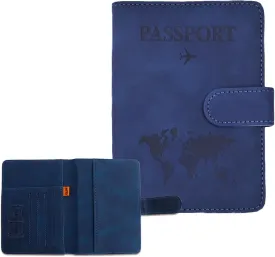 PU Leather Passport Book Travel Wallet - Blue RFID Passport Cover Case with Card Holder - Travel Must Haves Accessories for Women and Men