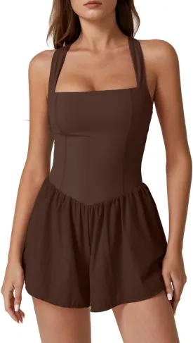 QINSEN Women's Square Neck Sleeveless Romper Jumpsuit Casual Summer One Piece Outfit with Pocket