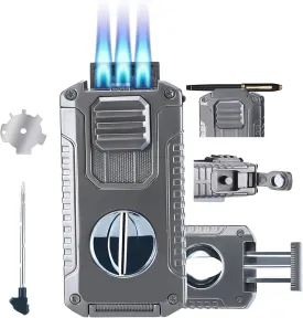 Refillable Butane Torch Lighter with Built-in Holder and 3 Jet Flame - All-in-1 Tool for Men (Butane not Included)