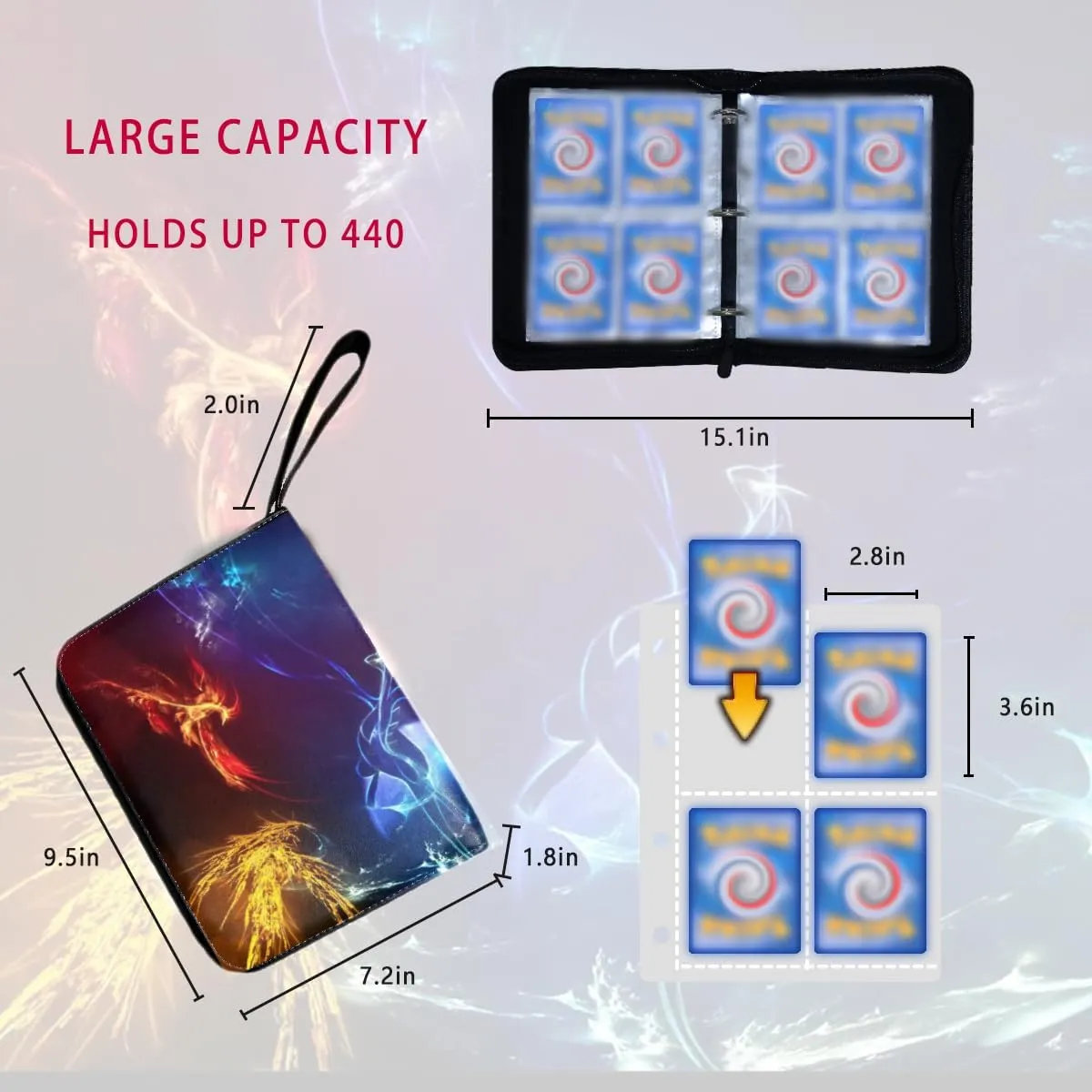 Trading Card Binder Card Binder Holder: 4-Pocket for Trading Cards Holder Sleeves Portable Card Collector Book Fits 440 Cards with 55 Removable Sleeves with Zipper(Legendary bird)
