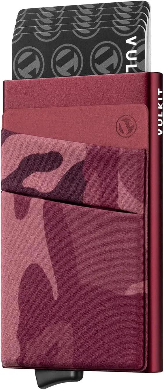 VULKIT Card Holder with Money Pocket Pop Up Wallet RFID Blocking Slim Metal Bank Card Case Holds 5 Cards and Notes(Camouflage Red)