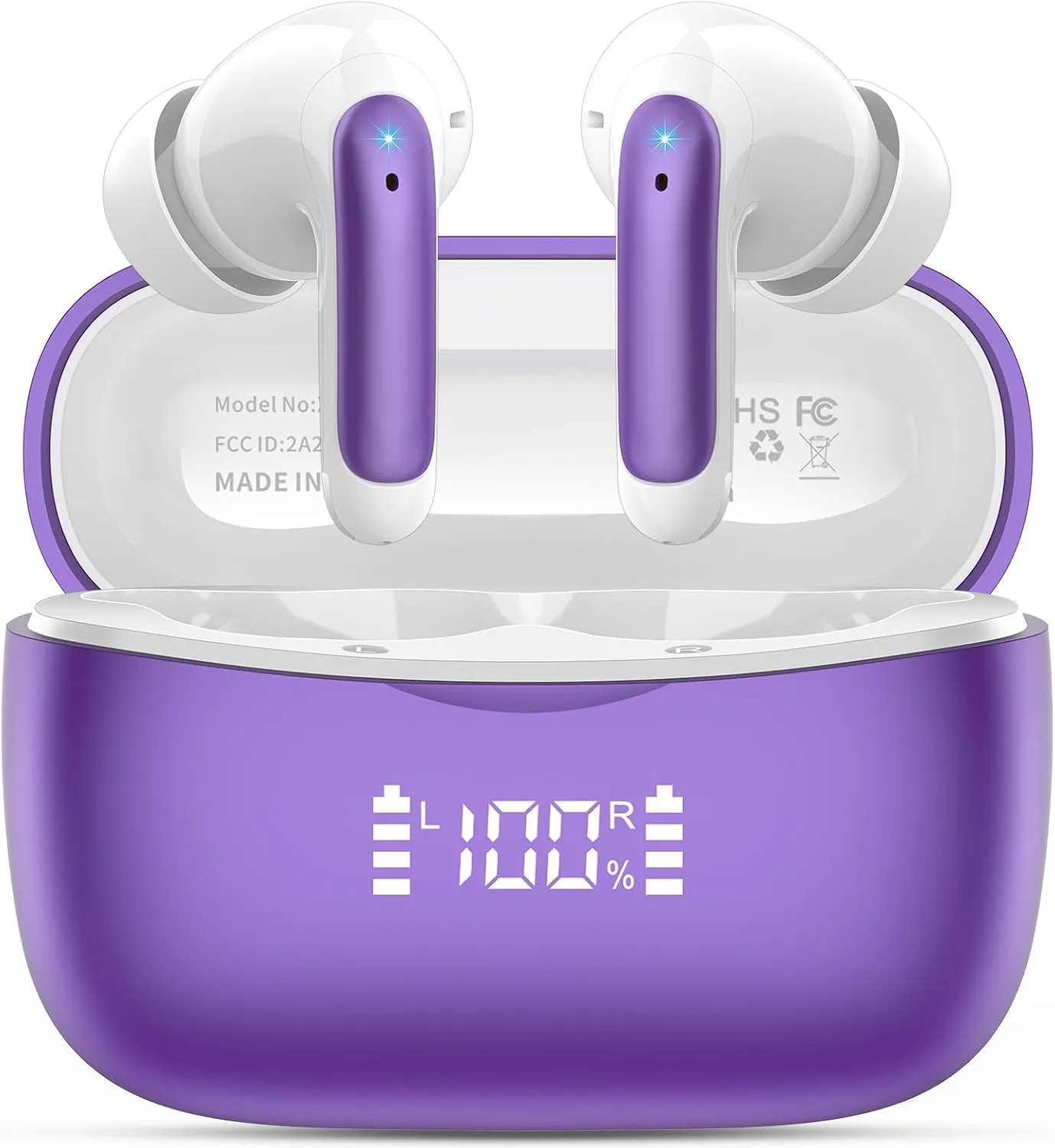 Wireless Earbuds,2025 Bluetooth 5.3 Headphones In Ear with 4 HD microphone, 56H Playtime, HIFI Stereo In Ear Earphones, IPX7 Waterproof Bluetooth Earbuds, LED Display, USB-C, Sport/Work/Leisure/Purple