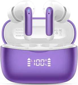 Wireless Earbuds,2025 Bluetooth 5.3 Headphones In Ear with 4 HD microphone, 56H Playtime, HIFI Stereo In Ear Earphones, IPX7 Waterproof Bluetooth Earbuds, LED Display, USB-C, Sport/Work/Leisure/Purple