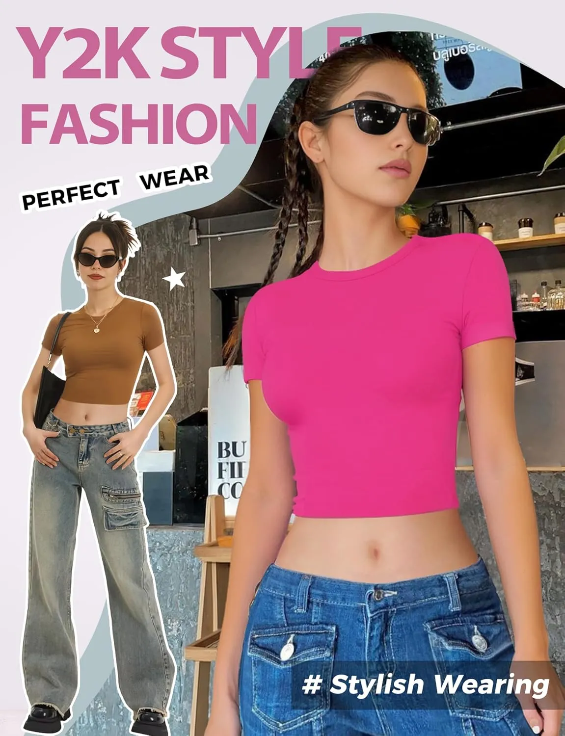 Womens Short Sleeve Crop Top Crew Neck Y2K Shirt Sexy Slim Fitted Casual Base Layer Soft Workout Shirt Going Out Tops