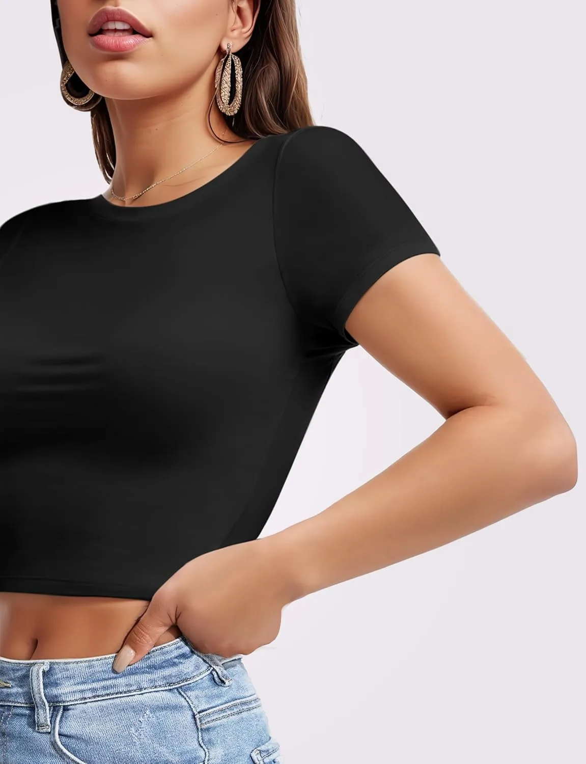 Womens Short Sleeve Crop Top Crew Neck Y2K Shirt Sexy Slim Fitted Casual Base Layer Soft Workout Shirt Going Out Tops