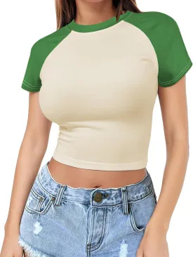 Womens Short Sleeve Crop Top Crew Neck Y2K Shirt Sexy Slim Fitted Casual Base Layer Soft Workout Shirt Going Out Tops